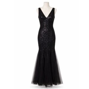Black Sequin Mermaid Prom Dress XL Tulle Formal Gown V Neck Evening Gala